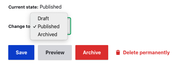 Screenshot showing the options to publish, unpublish, create a draft, archive or permanently delete.